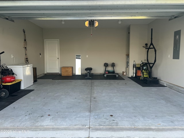 311 Mckenzie Pl, Sneads Ferry, NC 28460 - garage featuring electric panel, fridge, and a garage door opener