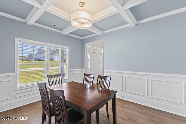 dining area with coffered ceiling, wood finished floors, and beamed ceiling