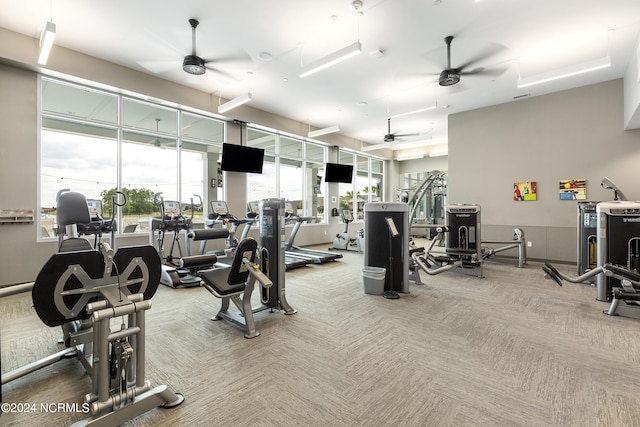 gym with ceiling fan and carpet flooring