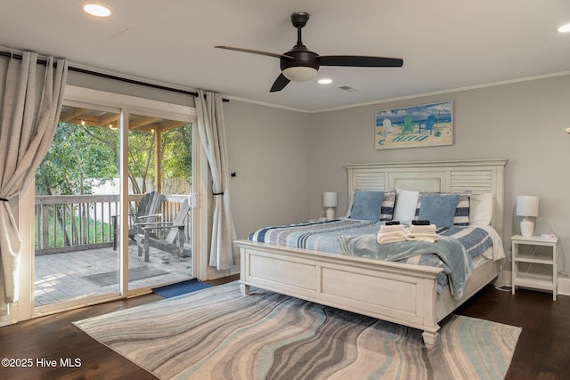 bedroom featuring ceiling fan, ornamental molding, dark hardwood / wood-style flooring, and access to outside