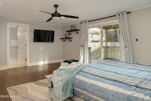 bedroom with hardwood / wood-style flooring, ornamental molding, access to exterior, and ceiling fan