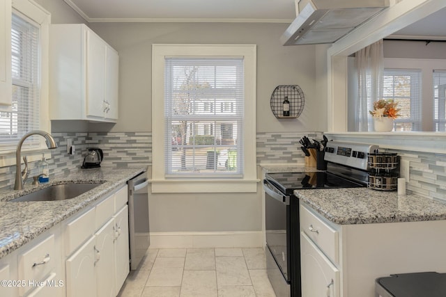 kitchen with range with electric stovetop, dishwasher, sink, white cabinets, and crown molding