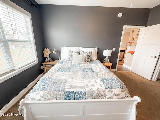 bedroom featuring dark carpet and a spacious closet