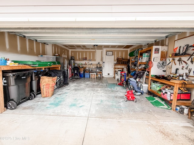 garage with a workshop area