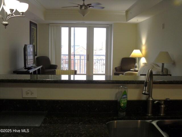 details featuring ceiling fan, ornamental molding, a tray ceiling, and sink