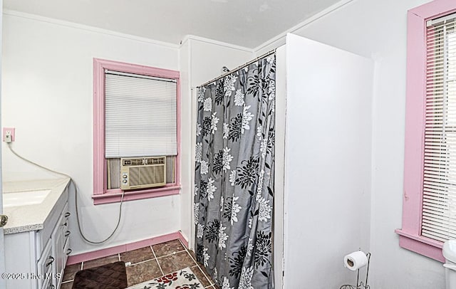 bathroom with vanity, cooling unit, and tile patterned floors