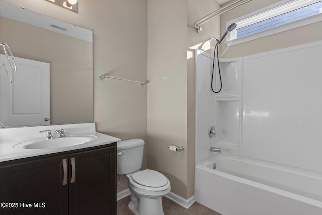 full bath featuring visible vents, toilet, vanity, shower / tub combination, and tile patterned floors