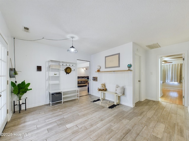 living room featuring light hardwood / wood-style floors and a textured ceiling