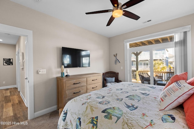 bedroom featuring access to outside and ceiling fan