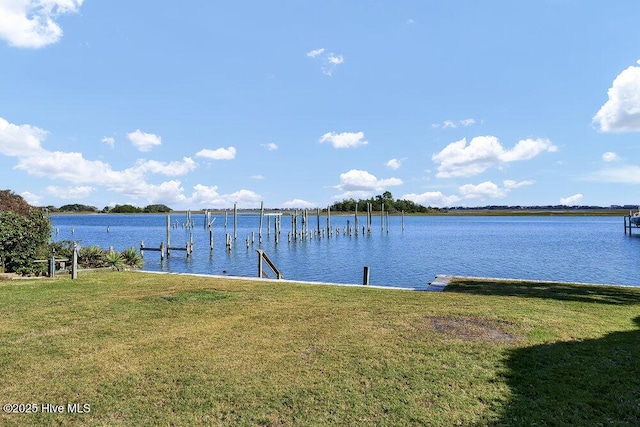 view of water feature with a dock