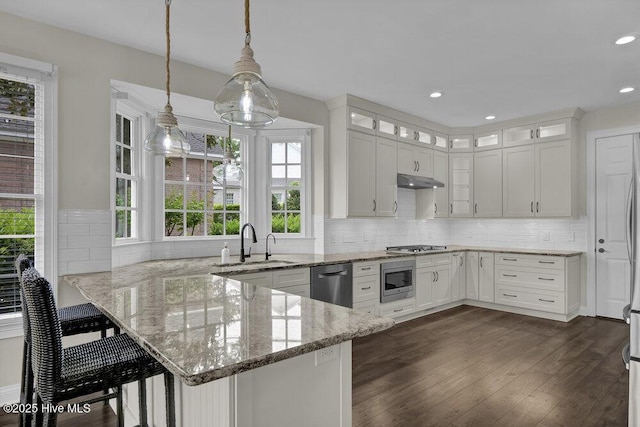 kitchen with a peninsula, glass insert cabinets, a sink, dark wood finished floors, and stainless steel appliances