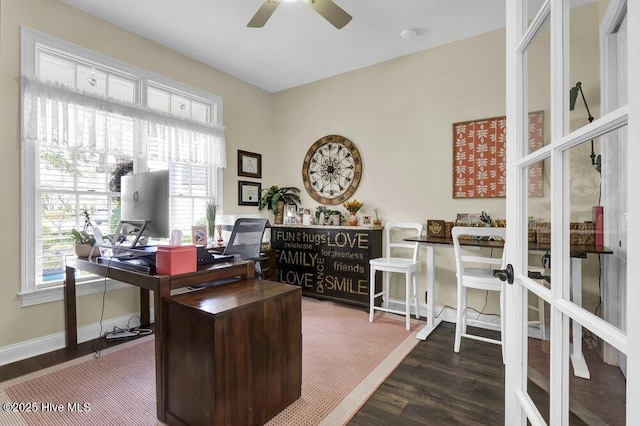 office with dark wood-type flooring and ceiling fan