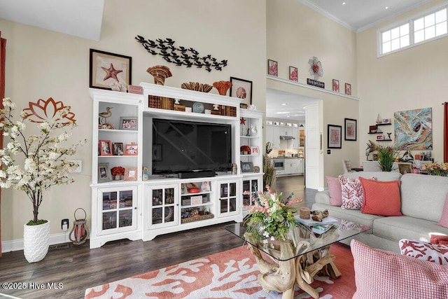 living room featuring crown molding, a towering ceiling, and dark hardwood / wood-style flooring