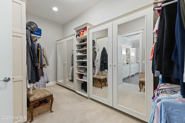 spacious closet featuring light carpet