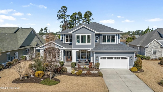 view of front of home with driveway, a shingled roof, and a garage