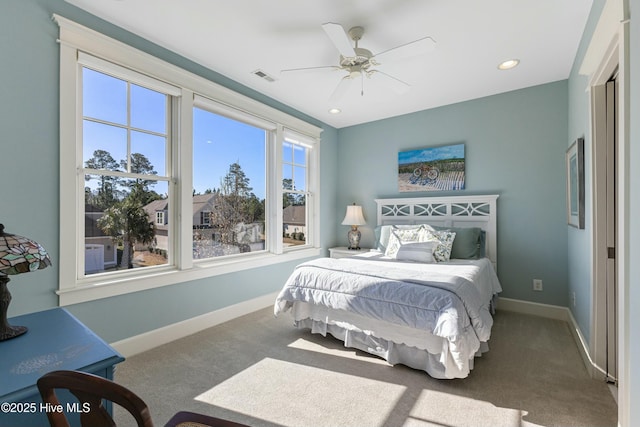 bedroom featuring recessed lighting, visible vents, baseboards, and carpet