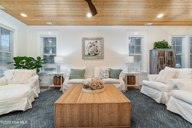 living room featuring wood ceiling