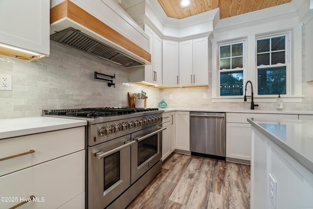 kitchen featuring sink, appliances with stainless steel finishes, white cabinetry, tasteful backsplash, and custom range hood