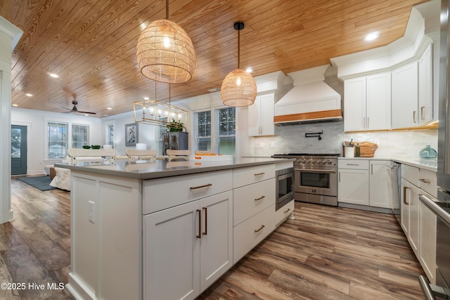 kitchen with white cabinetry, backsplash, stainless steel appliances, custom range hood, and decorative light fixtures