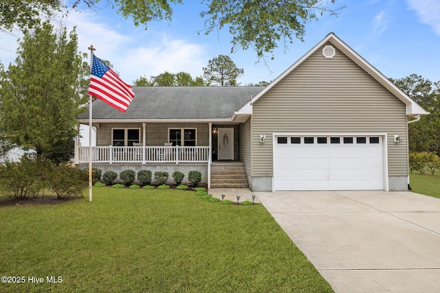 single story home with a garage, a front yard, and covered porch