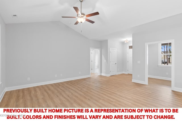 11 Pine Shore Dr, Southport, NC 28461 - unfurnished living room with a ceiling fan, light wood-style floors, lofted ceiling, and baseboards