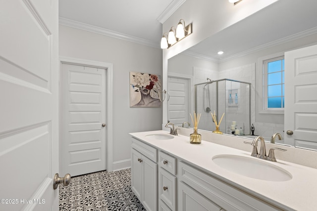 bathroom featuring ornamental molding, vanity, tile patterned floors, and a shower with shower door