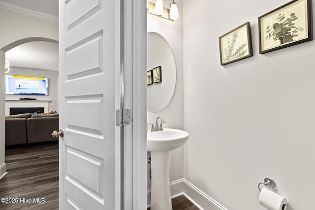 bathroom with hardwood / wood-style flooring, ornamental molding, and sink