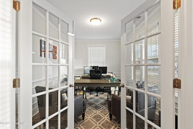 office with ornamental molding and french doors