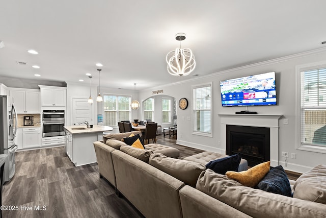 living room with ornamental molding, dark hardwood / wood-style floors, a chandelier, and sink