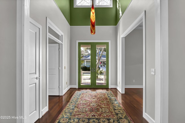 foyer with a towering ceiling and dark wood-type flooring