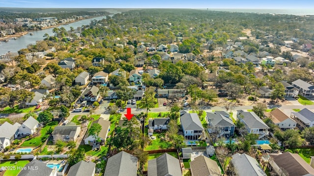 aerial view featuring a water view and a residential view