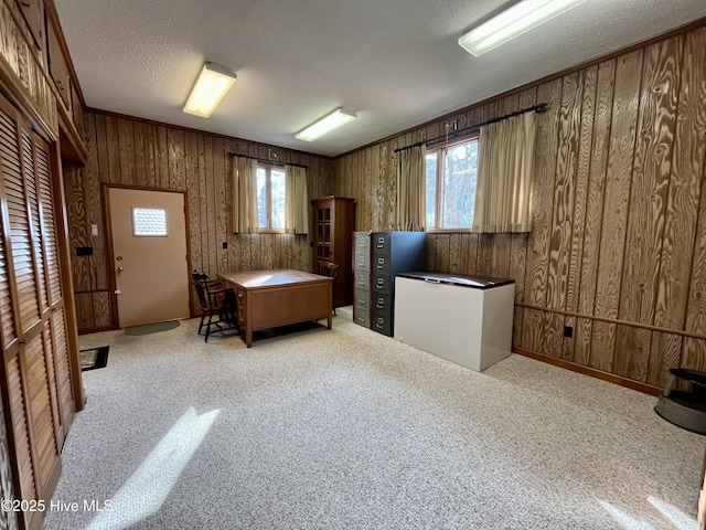 interior space with wooden walls, light colored carpet, and a textured ceiling