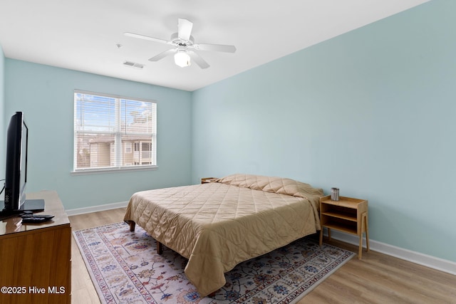 bedroom with ceiling fan and light wood-type flooring