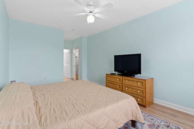 bedroom featuring ceiling fan and light wood-type flooring