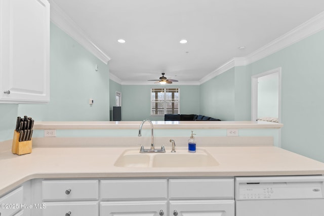 kitchen featuring sink, white cabinetry, ornamental molding, dishwasher, and ceiling fan