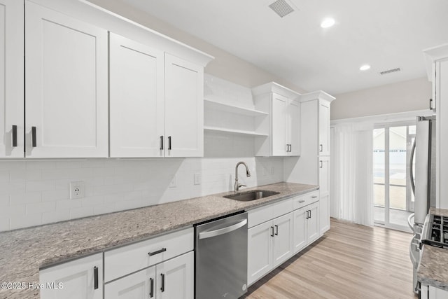 kitchen featuring stainless steel appliances, open shelves, a sink, and white cabinets