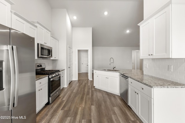 kitchen with a sink, a peninsula, wood finished floors, and stainless steel appliances