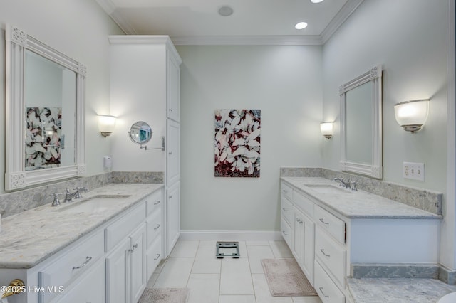 bathroom featuring crown molding, tile patterned floors, and vanity