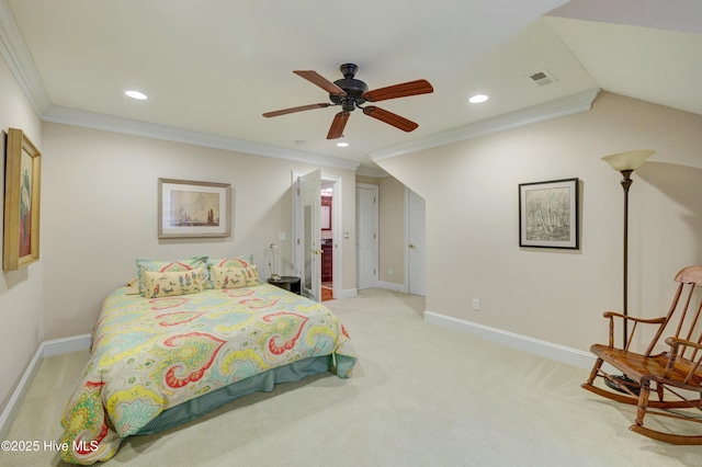 carpeted bedroom with crown molding and ceiling fan