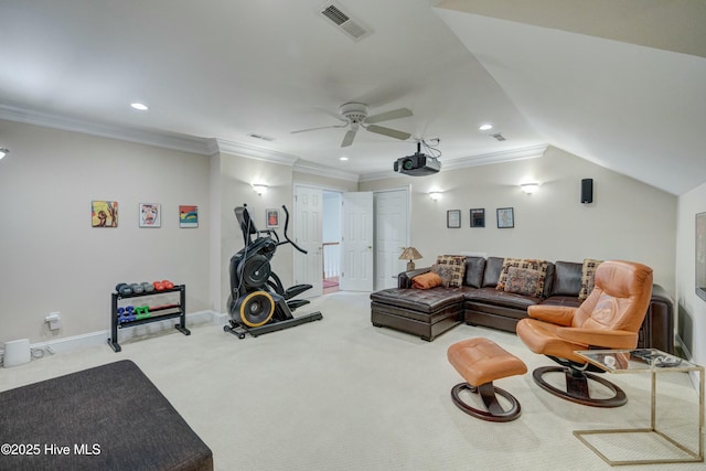 interior space with crown molding and ceiling fan