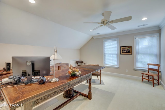 home office with crown molding, ceiling fan, vaulted ceiling, and light carpet