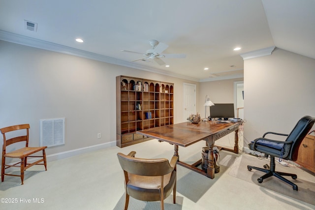 office space with ornamental molding, light colored carpet, and ceiling fan