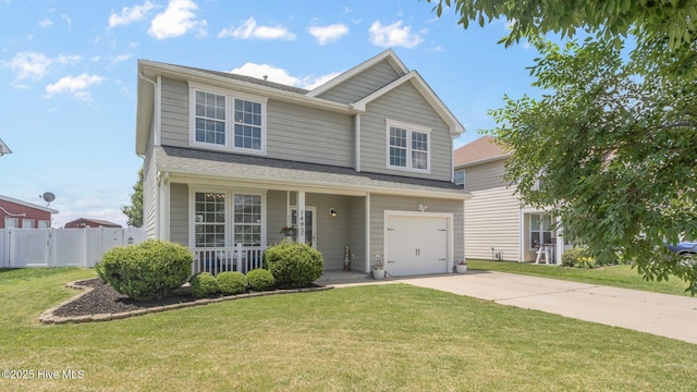 view of front facade featuring a garage, a porch, and a front lawn