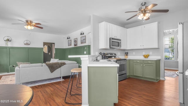 kitchen with sink, appliances with stainless steel finishes, green cabinetry, dark hardwood / wood-style flooring, and kitchen peninsula