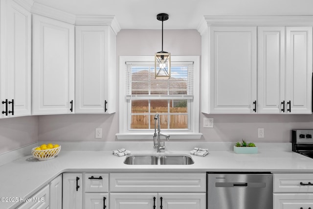 kitchen with white cabinetry, pendant lighting, sink, and stainless steel dishwasher