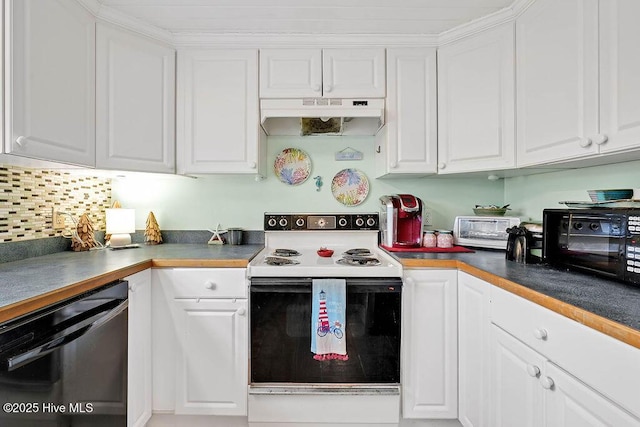 kitchen with dishwasher, white cabinets, white range with electric stovetop, and decorative backsplash