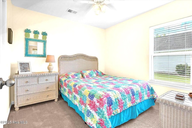 bedroom with multiple windows, ceiling fan, and carpet