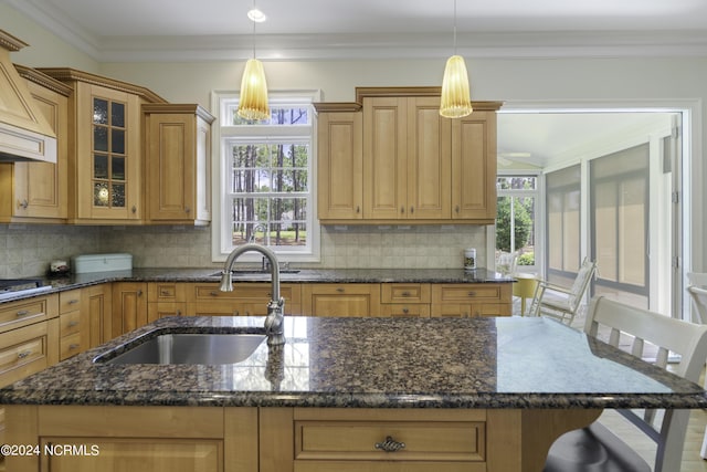 kitchen featuring sink, backsplash, a kitchen breakfast bar, dark stone counters, and hanging light fixtures