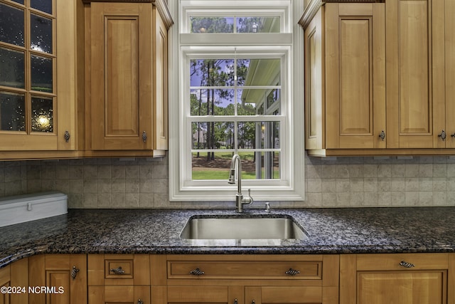 kitchen featuring tasteful backsplash, sink, and dark stone countertops