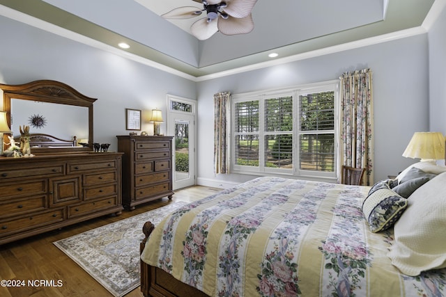 bedroom featuring crown molding, wood-type flooring, access to exterior, and ceiling fan